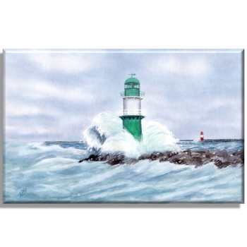 Leinwand 40 x 30 cm Keilrahmen Canvas-Leinen Aquarell Maritim Kunst Druck Kunstdruck Ostsee Leuchtturm Warnemünde Westmole grün Mole Molenfeuer  Rostock